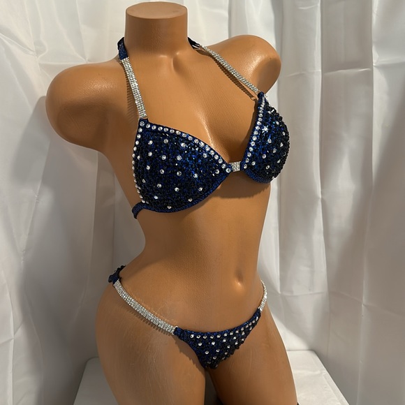 NPC NWT Blue/Black competition bikini posing suit pro cut  CUP 32B SMALL BOTTOM - Picture 4 of 6
